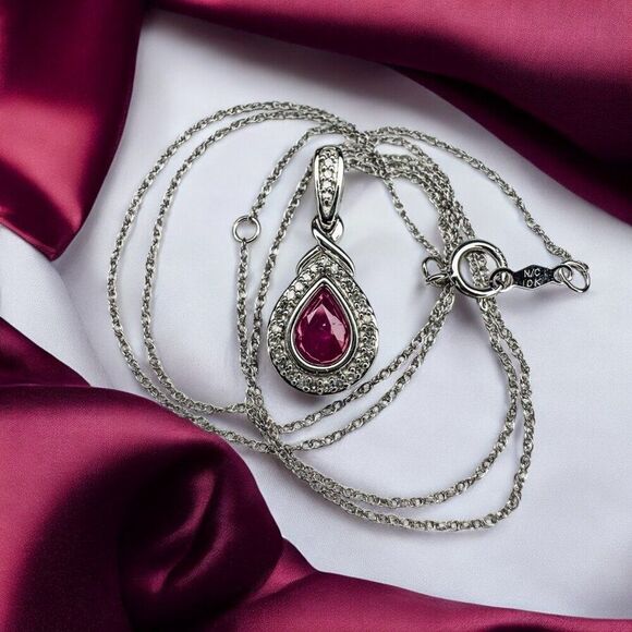 10K Gold 1CT Natural Burmese Ruby & Halo Diamond Necklace -18" -Pear Cut -2.6g - Picture 16 of 16